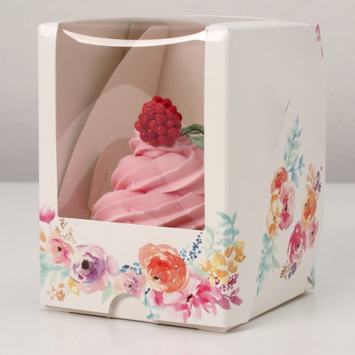 Коробка под 1 капкейк с окном "Цветы", 12*9,5*9,5см